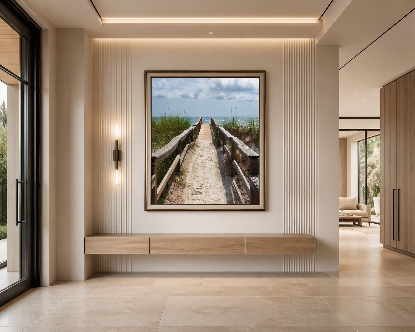 Modern entryway with large square beach path framed print — walnut float frame